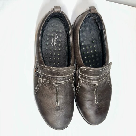 Clarks Wave Comfort Shoes Women's Sz 7.5M Dark Grey Leather Slip On Round Toe - Picture 1 of 10